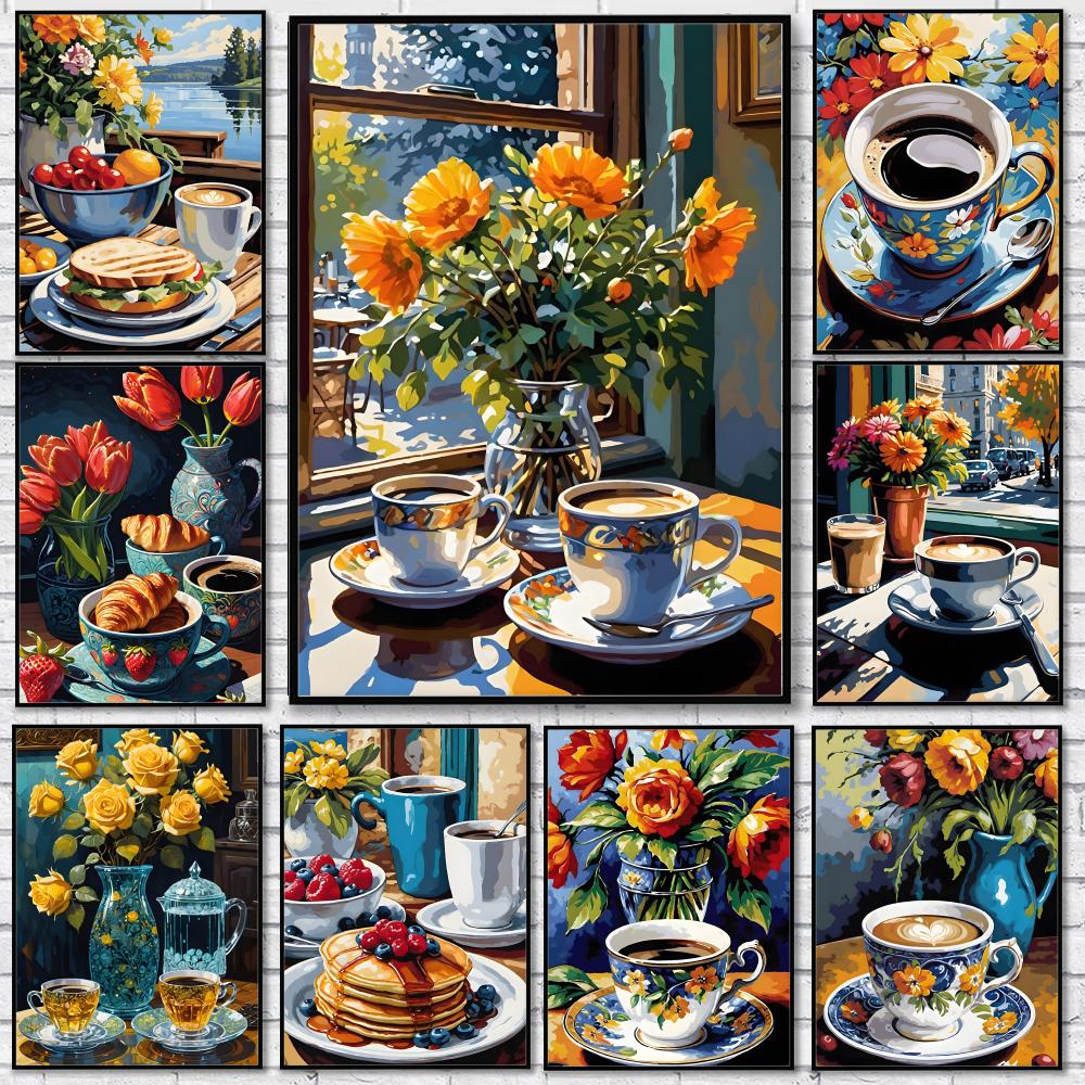 Wallpaper Coffee And Tea - Nachmittagstee-Kaffeetassen-Poster-Aufkleber, selbstklebend, für Spielzimmer, Schlafzimmer, Flur,