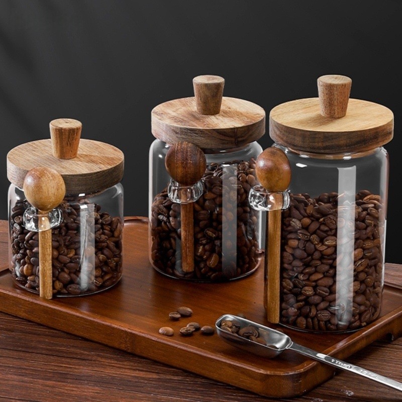 Coffee Tea And Sugar Canister Set - ABJI-Glasbehälter mit Holzdeckeln und Löffel, 13