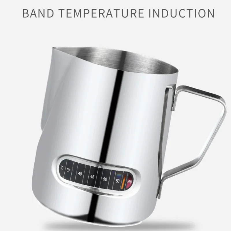 Barista Milk Jug - 350 ml Edelstahl-Milchaufschäumkrug, Temperaturanzeige, Milchaufschäumer, Krug,