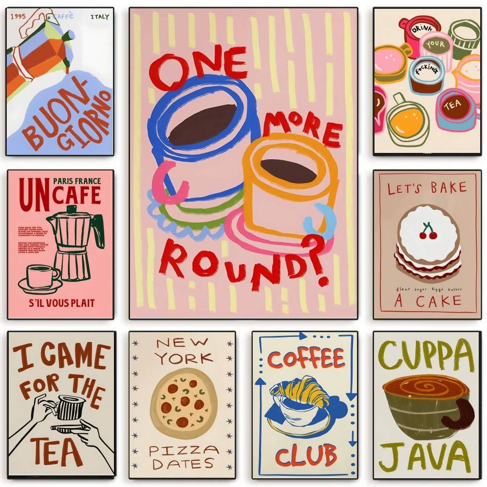 Wallpaper Coffee And Tea - Kaffeehaus Nachmittagstee Croissant Buntes Poster Selbstklebende