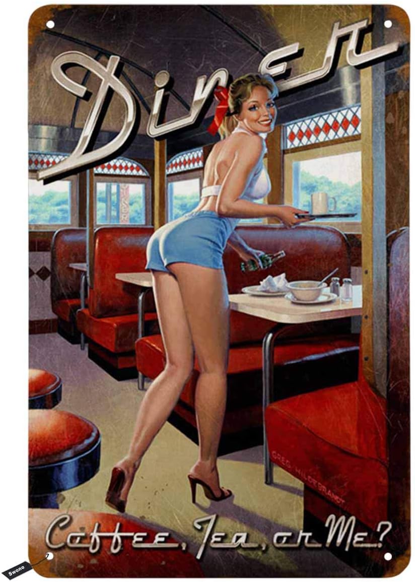 Coffee Tea And Me - Swono Dinner-Blechschilder, Pin-up-Girl Lächeln auf dem